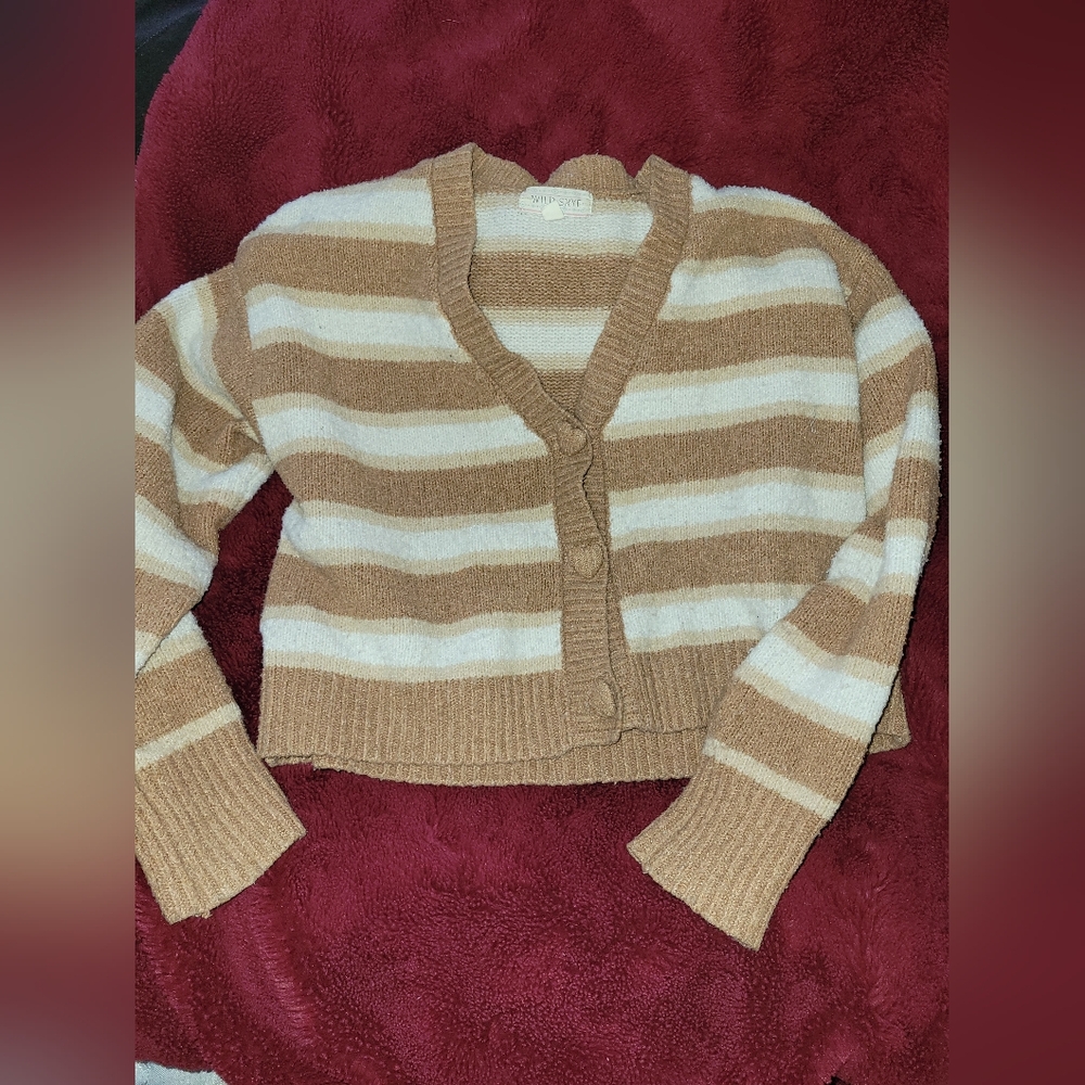 Striped Cream and Tan V-Neck Cropped Cardigan
